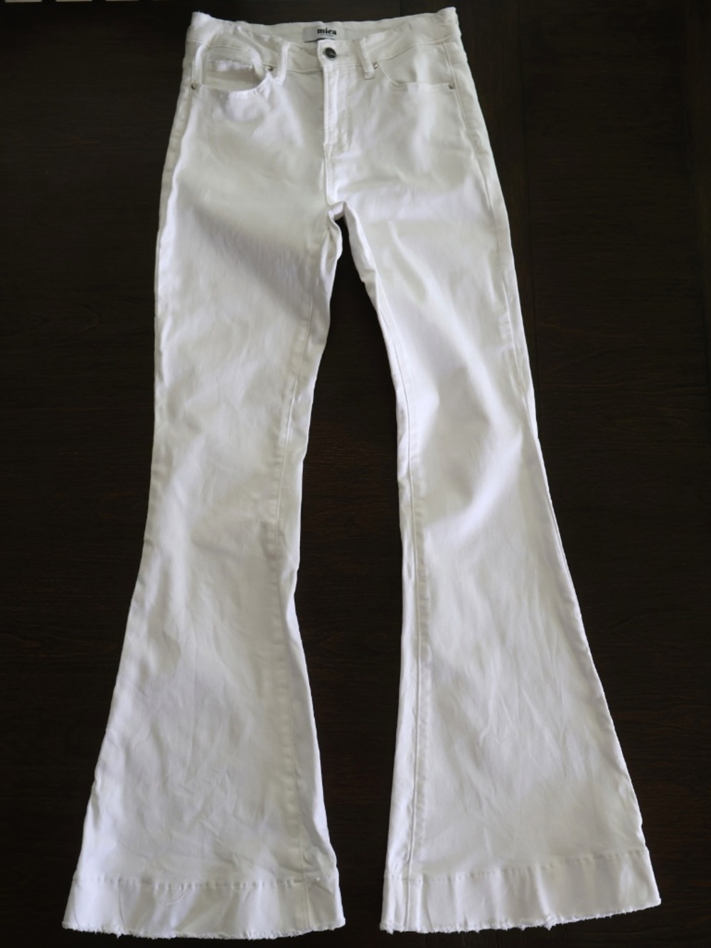 Mica Jeans 27 White Denim High Rise Flare Wide Leg Raw Hem 33 Inseam